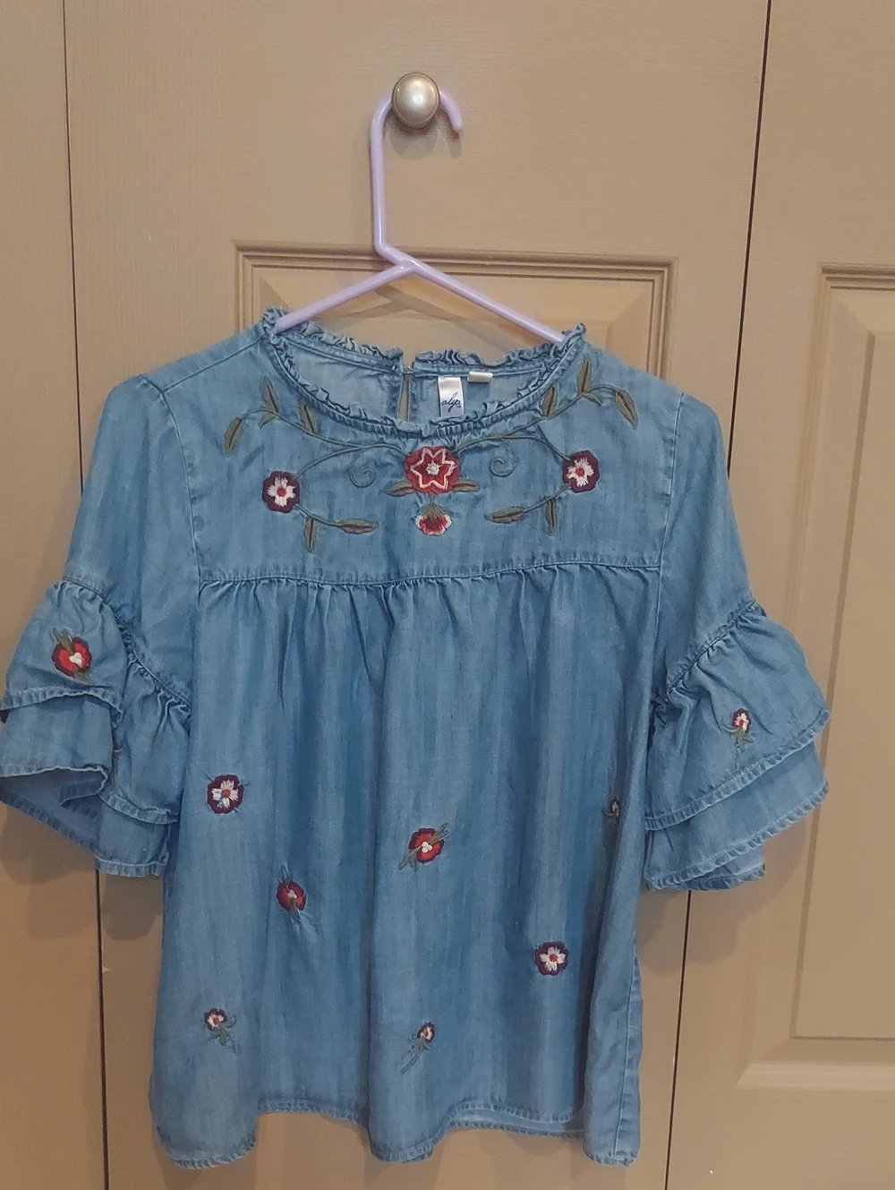 Denim Style Embroidered Ruffle Top - Picture 1 of 6